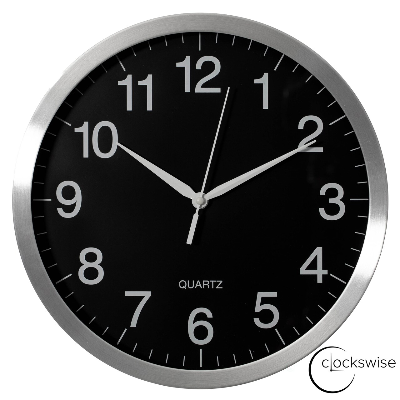 Clockswise Round Quartz Wall Clock Non-Ticking Battery Operated with Silent Sweep Movement, Aluminum Silver Frame, Perfect for Home Kitchen Office Living Room Study Hallway Classroom, Black Face